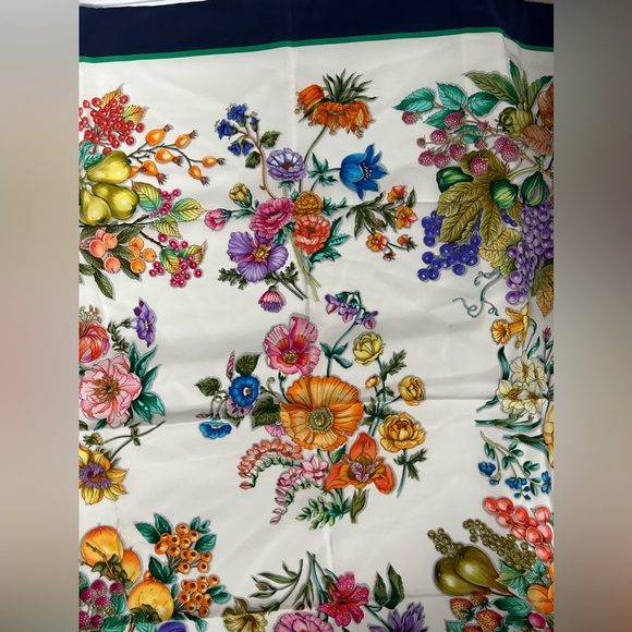 Mantero Silk Navy Trim Colorful Floral Square Scarf Made in Italy - Picture 5 of 17